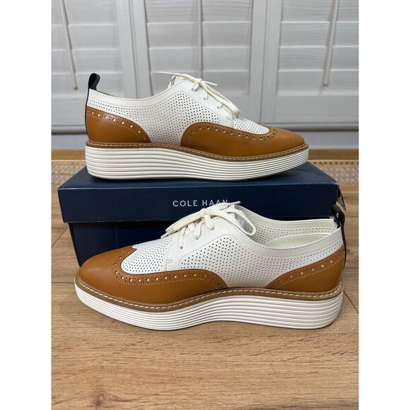 Cole Haan Women's OG Platform Wingtip Oxford Pecan Ivory Leather Size 9.5 US NIB - Picture 9 of 15